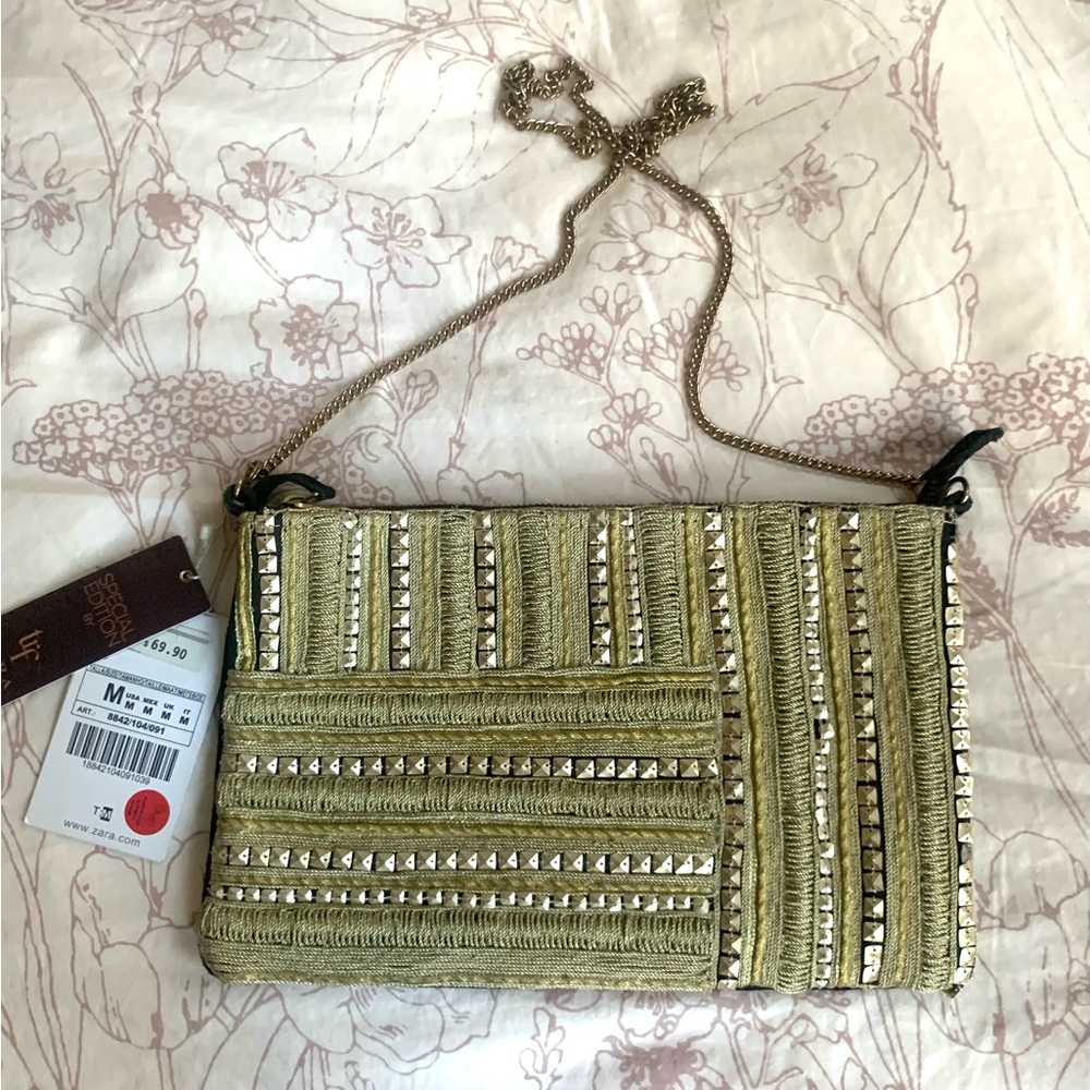 Zara - NEW - Cotton/leather gold/black large pouch bag